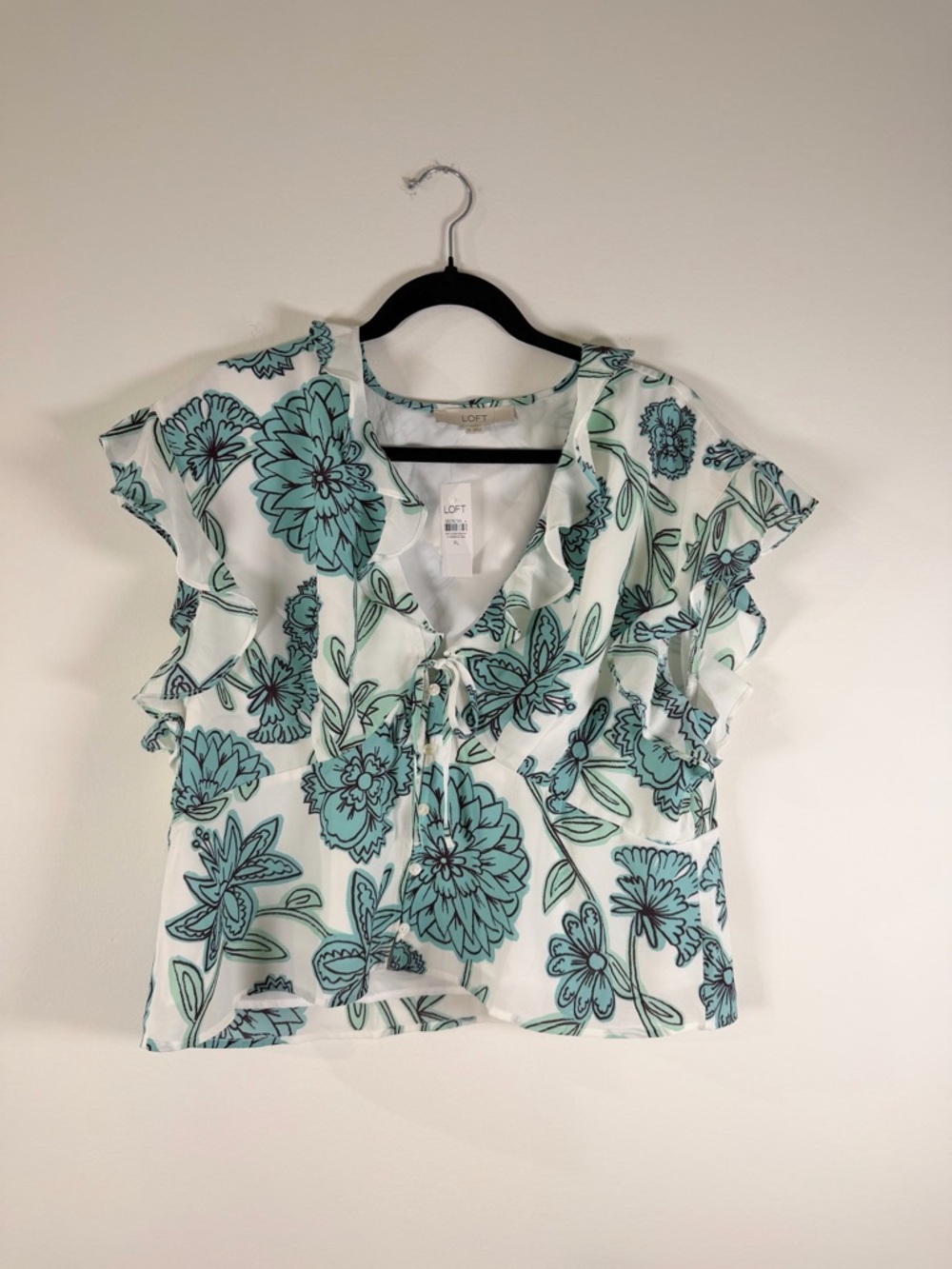 LOFT White Blouse with Aqua Floral Print and Tie Front